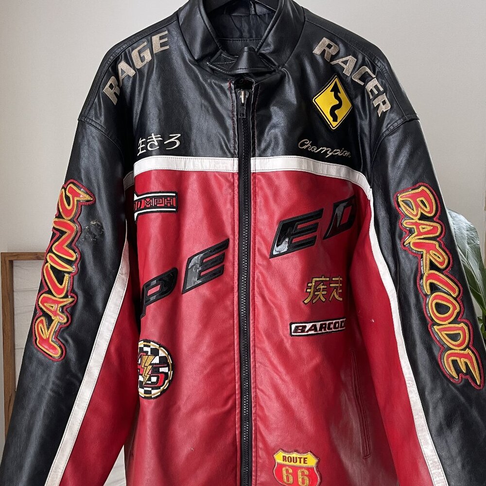 Men's Y2K Japanese Barcode Cup Champion Racing Leather Motorcycle Jacket Size XL